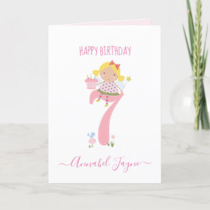 Seventh birthday fairy cute pink personalised card