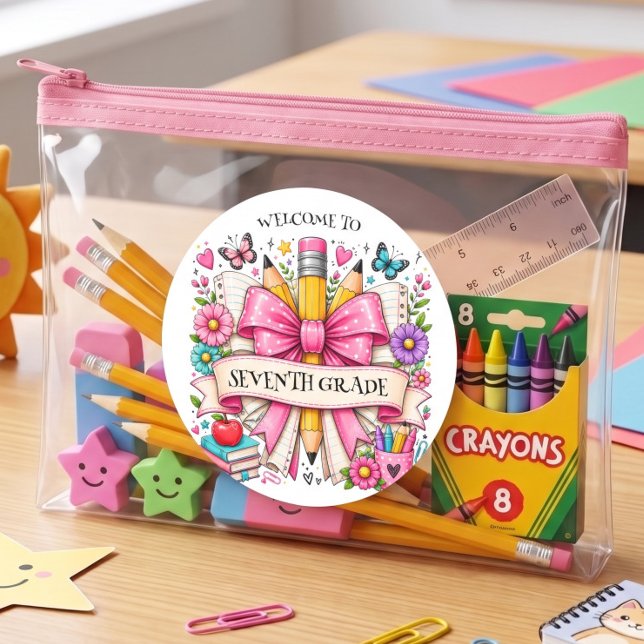Seventh Grade Welcome Retro Pencil Classic Round Sticker (Creator Uploaded)