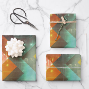 Seventies Orange Abstract Techno Triangles Wrapping Paper Sheet