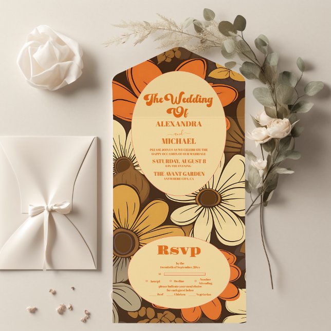 Seventies Retro Floral Wedding All In One Invitation (Creator Uploaded)