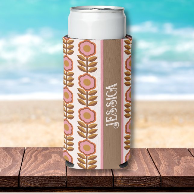 Seventies Retro Pink-Brown Flower Power Pattern Seltzer Can Cooler (Creator Uploaded)