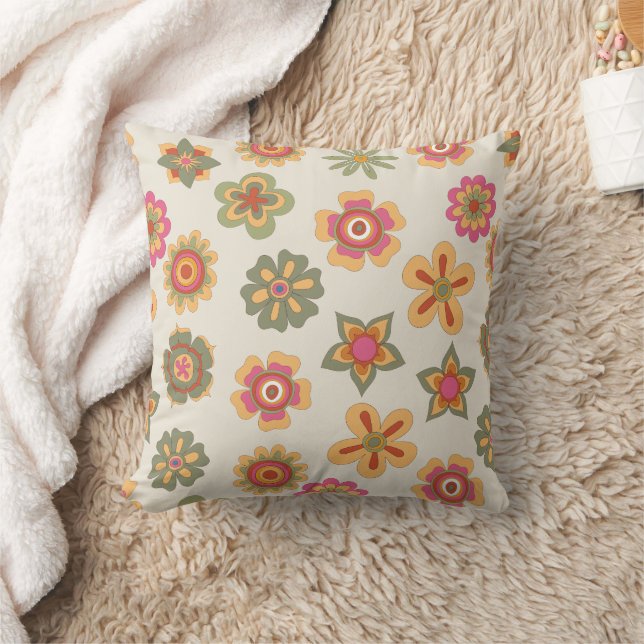 Seventies Retro Pink-Green-Gold Flower Power Cushion (Blanket)