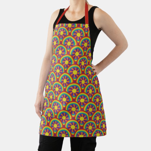 Seventies Style Rainbows and Sun Graphic Pattern Apron (Insitu)