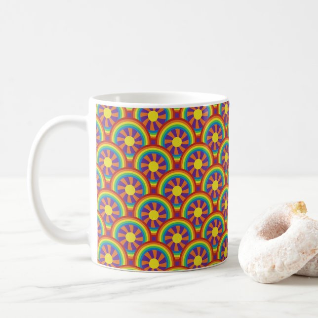 Seventies Style Rainbows and Sun Graphic Pattern Coffee Mug (With Donut)