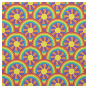 Seventies Style Rainbows and Sun Graphic Pattern Fabric
