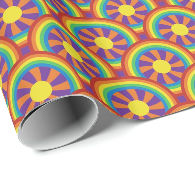 Seventies Style Rainbows and Sun Graphic Pattern Wrapping Paper (Roll Corner)