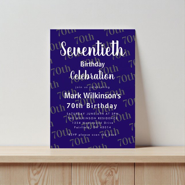 Seventieth Birthday Celebration Navy Text Design Invitation (Creator Uploaded)