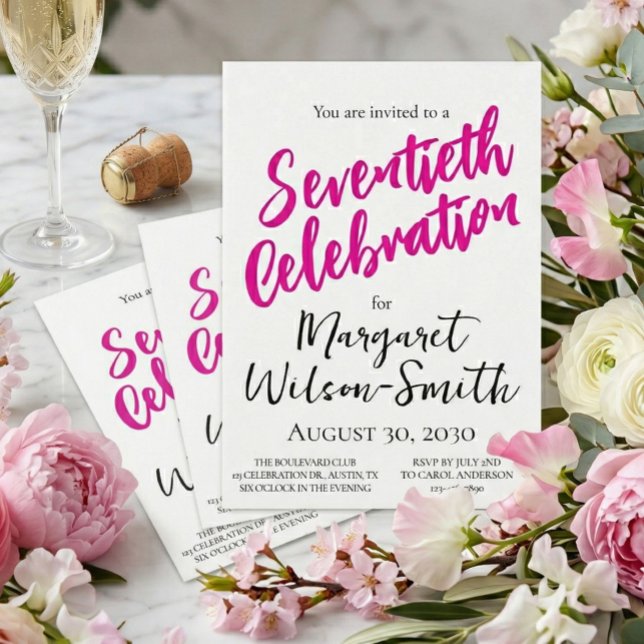 Seventieth Celebration Pink Script Birthday Invitation (Creator Uploaded)