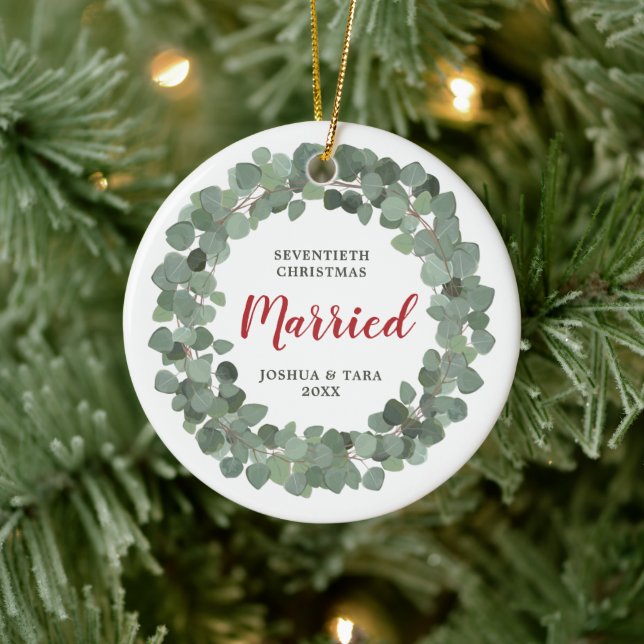 Seventieth Christmas Married Personalised Wreath Ceramic Tree Decoration (Tree)