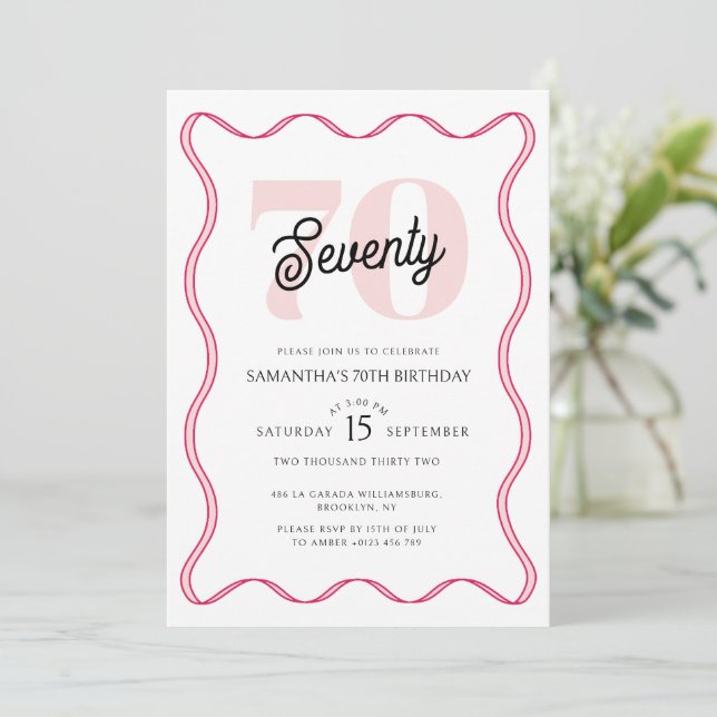 Seventieth Retro Wavy Borders 70th Birthday  Invitation (Standing Front)