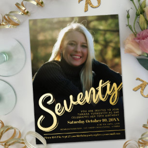 Seventy 70th Birthday adult photo script gold