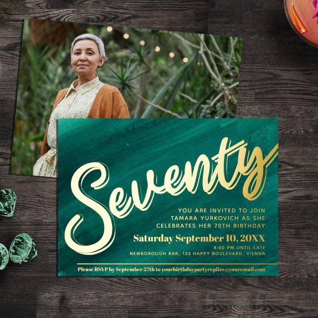 Seventy 70th Birthday party green art gold script (Creator Uploaded)