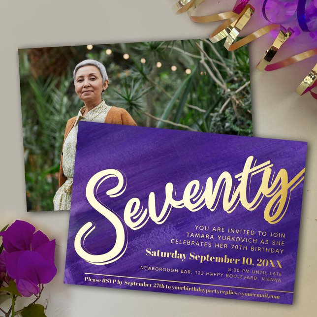Seventy 70th Birthday party purple art gold script (Creator Uploaded)
