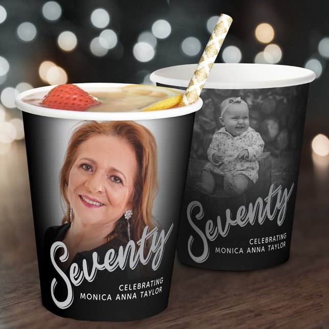 Seventy 70th Birthday photo script black silver Paper Cups (Creator Uploaded)