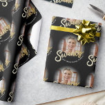 Seventy 70th Birthday photo script gold custom Wrapping Paper<br><div class="desc">Seventy gold colour script text on black birthday wrapping paper. Personalise this 70th birthday wrap with your own photo of your birthday girl or boy and a message and or name, currently reads seventy and sensational Pamela! Other years and matching items are available. © Original design by Sarah Trett for...</div>