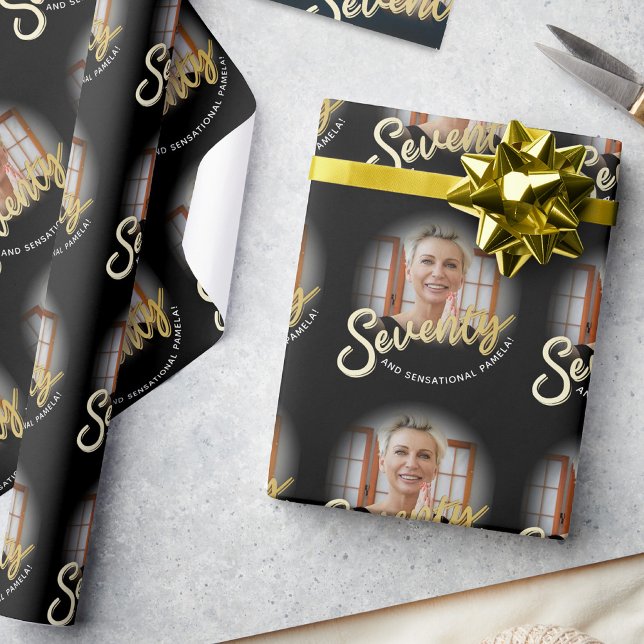 Seventy 70th Birthday photo script gold custom Wrapping Paper (Creator Uploaded)