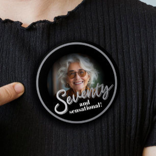 Seventy 70th Birthday photo script silver black 3 Cm Round Badge