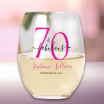 Seventy and Fabulous Pink 70th Birthday Party Stemless Wine Glass<br><div class="desc">Modern Minimal Seventy and Fabulous pink and black 70th birthday stemless wine glass that you can personalise for your seventieth birthday party celebration. The "70 and Fabulous" is set using trending bold font typography. Text colours can be changed using the edit menu.</div>