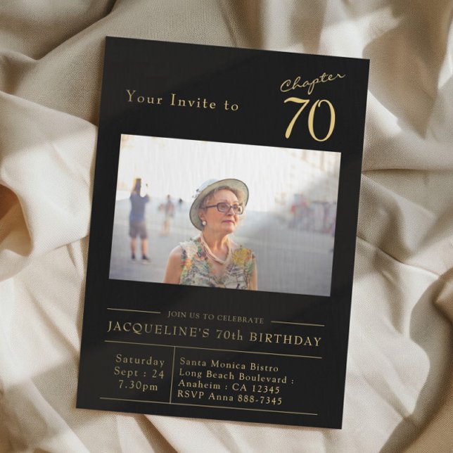 Seventy Black Gold 70th Birthday Party Photo Invitation (70th birthday party invitation in black and gold on a fabric background)