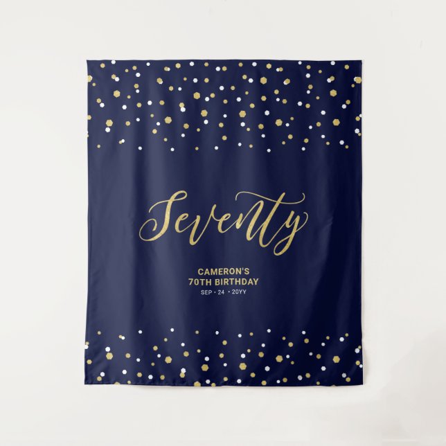 Seventy Gold & Navy 70th Birthday Party Backdrop Tapestry (Front)