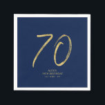 Seventy | Gold & Navy Blue Lettering 70th Birthday Napkin<br><div class="desc">This simple custom napkin will add stylish details to your 70th birthday party. This design features gold chic lettering "70" with custom text on a navy blue background. Matching invitations and party supplies are available in my shop BaraBomDesign.</div>