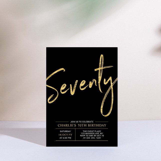Seventy | Modern Gold & Black 70th Birthday Party Invitation (Creator Uploaded)