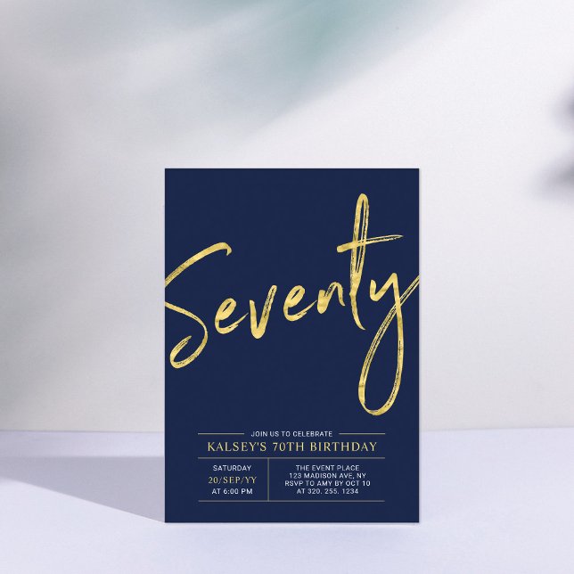 Seventy | Modern Gold & Blue 70th Birthday Party Invitation (Creator Uploaded)