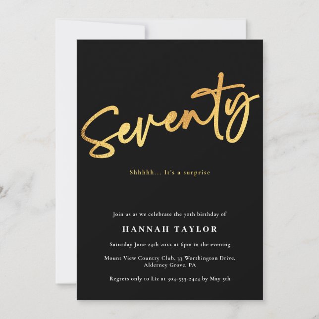 Seventy Simple Elegant Black Gold 70th Birthday Invitation (Front)