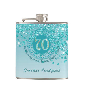 Seventy & Teal Blue Glitter & Drinking Quote Hip Flask