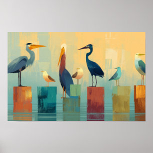 Several seabirds perched on pilings poster