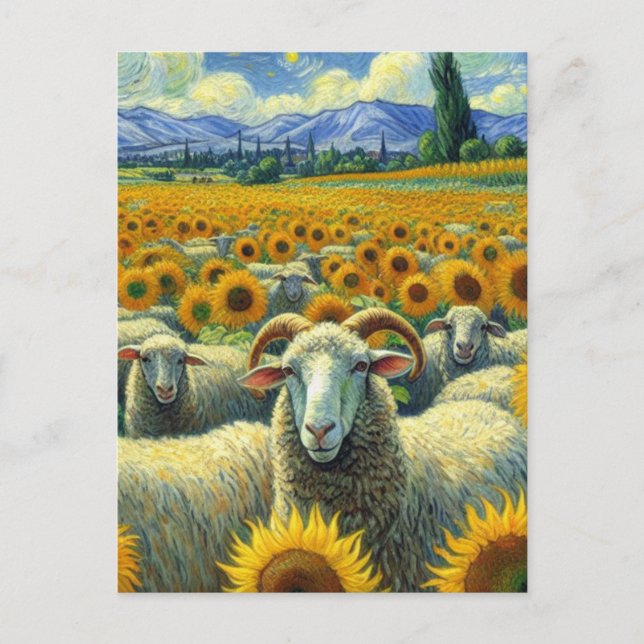 Several Sheep in the Sunflower Field Van Gogh  Postcard (Front)