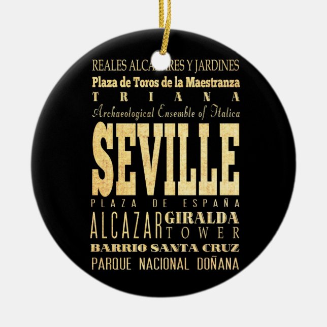 Seville City of Spain Typography Art Ceramic Tree Decoration (Front)