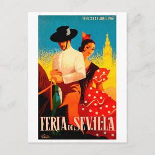 Seville, Spain, couple on horse, vintage travel Postcard