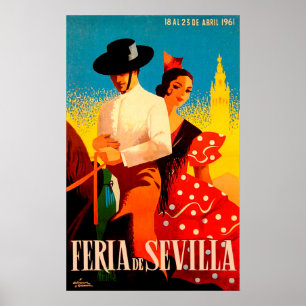 Seville, Spain, couple on horse, vintage travel Poster