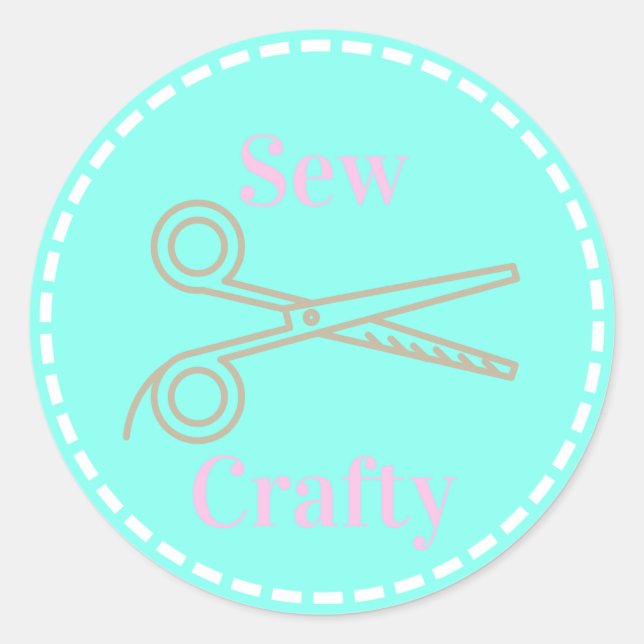 Sew Crafty Aqua Blue Circle with Scissors Classic Round Sticker (Front)