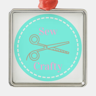 Sew Crafty Aqua Blue Circle with Scissors Metal Tree Decoration