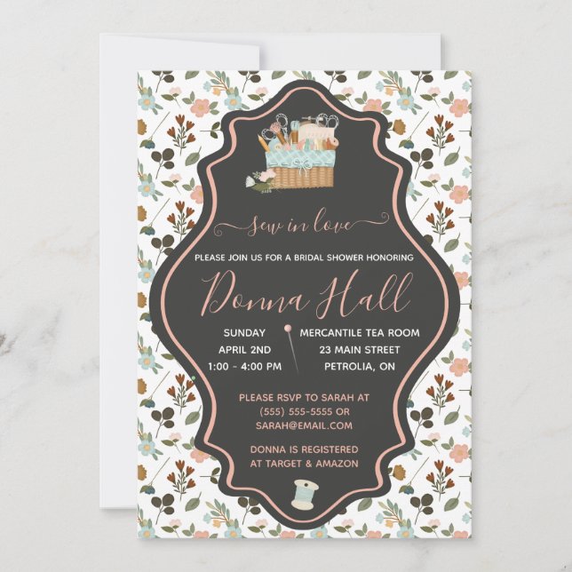 Sew In Love! Embroidery, Floral Bridal Shower Invitation (Front)