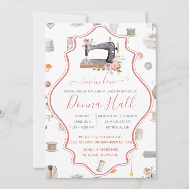 Sew In Love! Sewing Machine, Floral Bridal Shower  Invitation (Front)