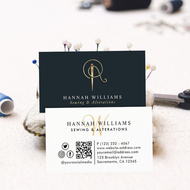 Sewing & Alterations Navy & Gold Monogram Business Card (Creator Uploaded)