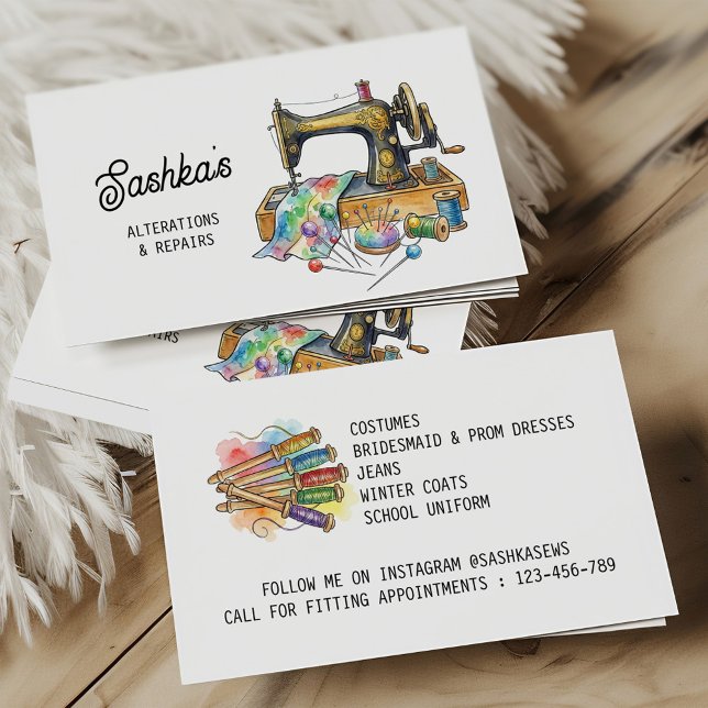 Sewing Alterations & Repairs Colorful Eclectic Business Card (Sewing Business Card with Colorful Vintage Sewing Machine)