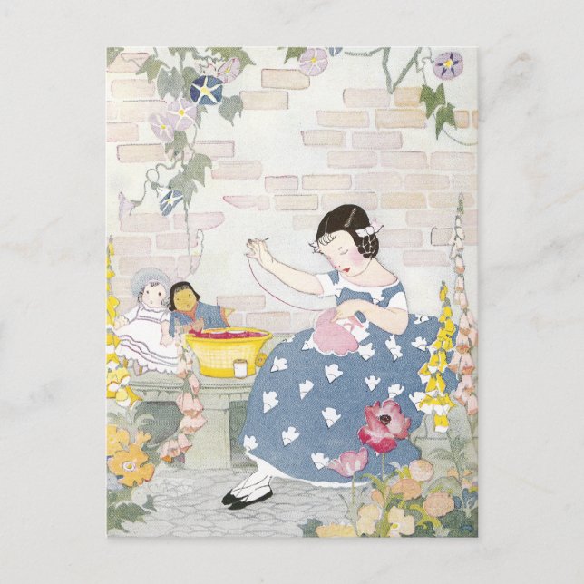 Sewing in a Garden of Foxglove & Poppies Postcard (Front)