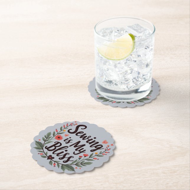 Sewing Is My Bliss Floral Typography Paper Coaster (Insitu)