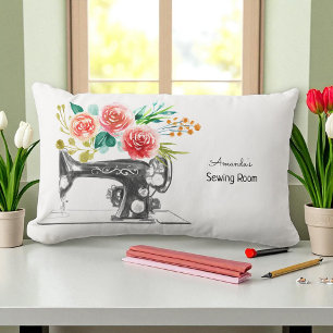 Sewing Machine Black White Floral Tailor Crafter Lumbar Cushion