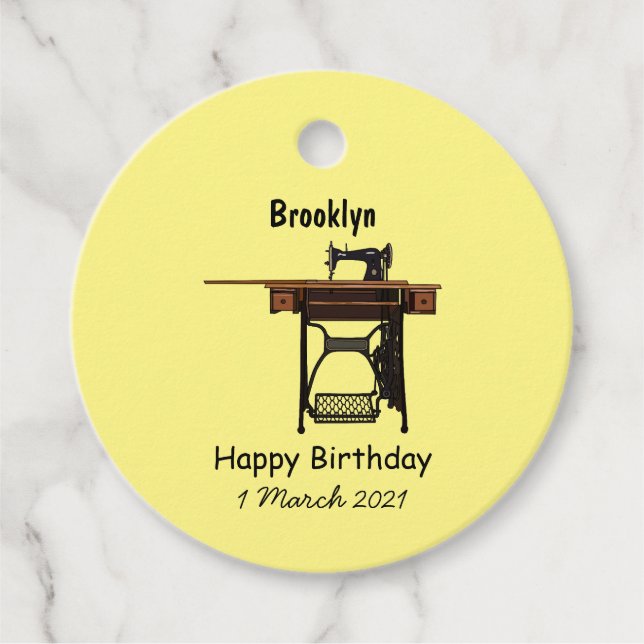 Sewing machine cartoon illustration favour tags (Front)