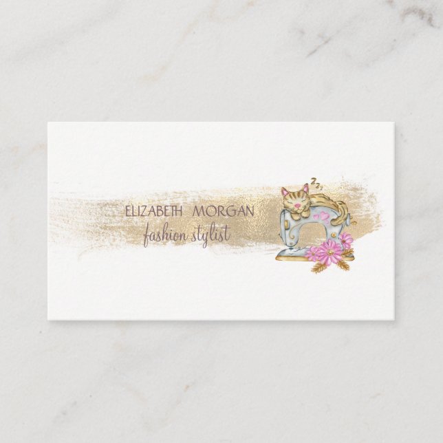 Sewing Machine Cat Faux Gold Foil Brush Stroke Business Card (Front)