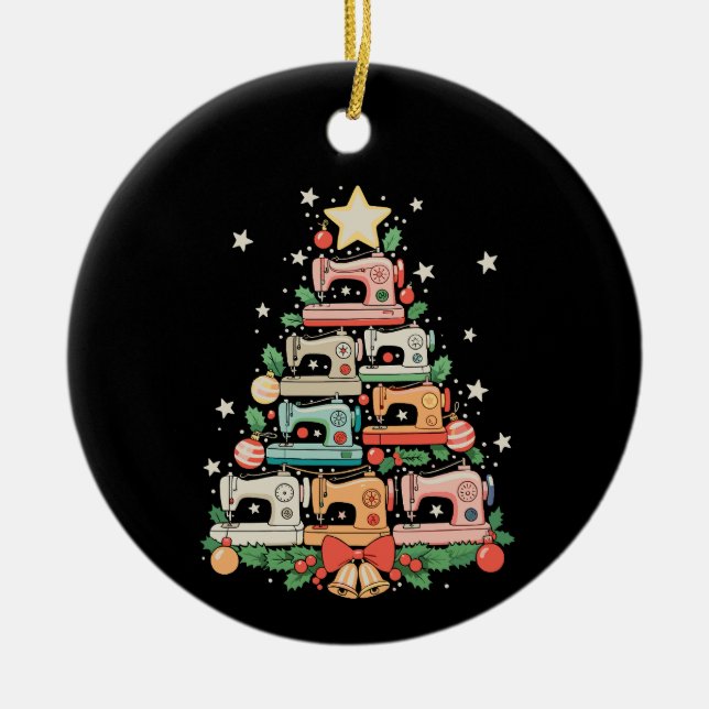 Sewing Machine Christmas Tree Stitch Knit Sew Xmas Ceramic Tree Decoration (Front)