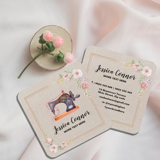 Sewing machine Cream off-white Background Square Business Card (#zazzlemade #machine #sewing #tailorbusinesscard #flowersandmachine #pinkfloral #girlybusinesscard)