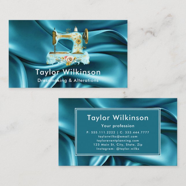 Sewing Machine Seamstress Teal Blue Business Card (Front/Back)