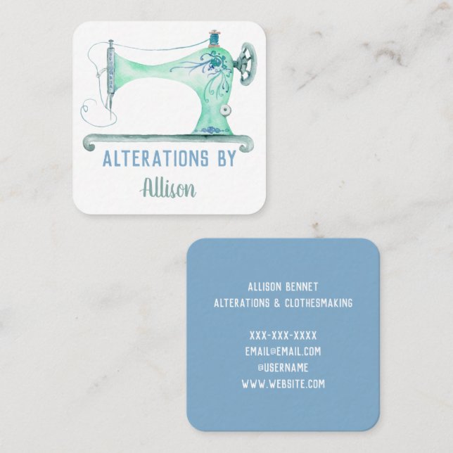 Sewing Machine Seamstress Watercolor Square Busine Business Card (Front/Back)