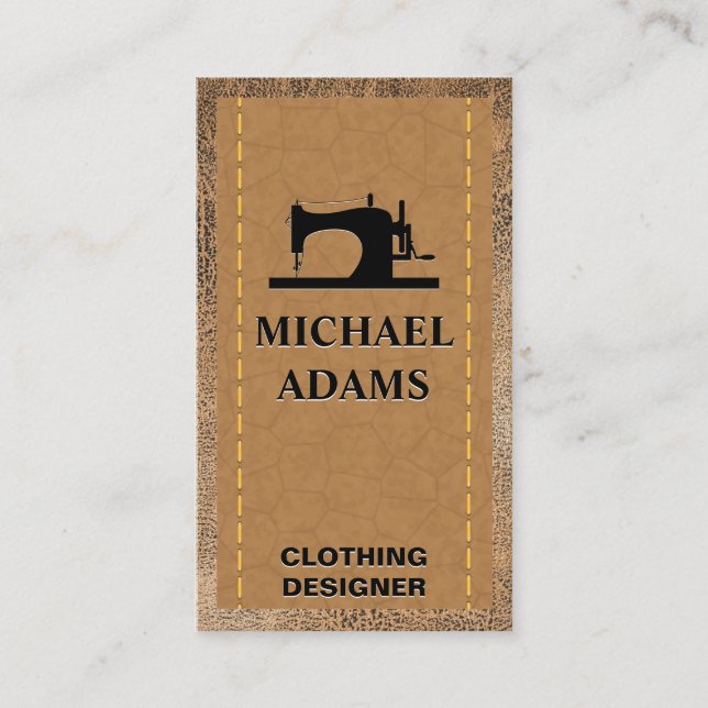 Sewing Machine | Stitched | Brown Leather Business Card (Front)
